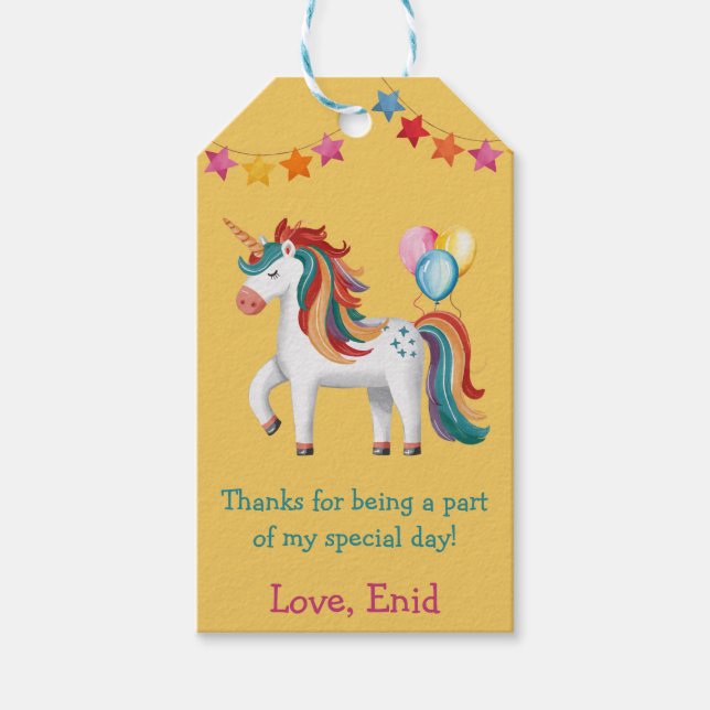 Regnbåge Enhörning, Ballonger & Banner Födelsedags Presentetikett (Framsidan)