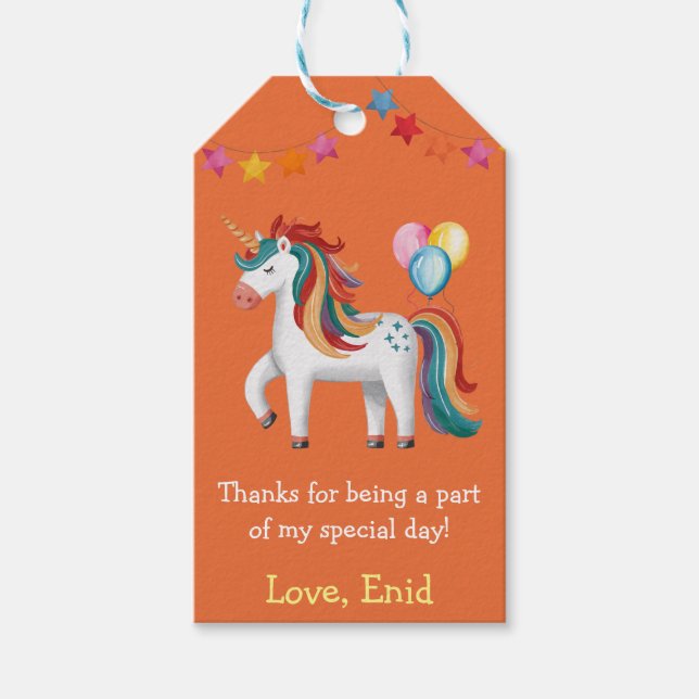 Regnbåge Enhörning, Ballonger & Banner Födelsedags Presentetikett (Framsidan)