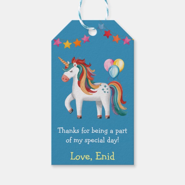 Regnbåge Enhörning, Ballonger & Banner Födelsedags Presentetikett (Framsidan)