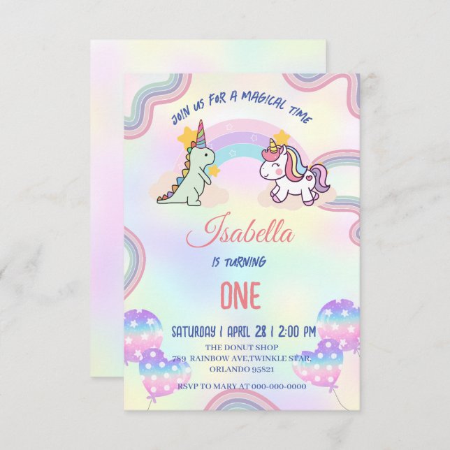 Regnbåge Enhörning & Dinosaurie Vänner Födelsedags Tack Kort (Fram/baksida)