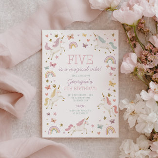 Regnbåge Enhörning Fjäril Flicka 5-årsdag Inbjudningar