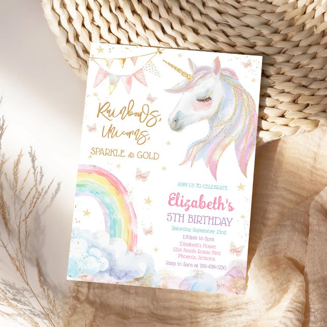 Regnbåge Enhörning Glitter & Guld Födelsedagsinbju Inbjudningar (Skapare uppladdad)