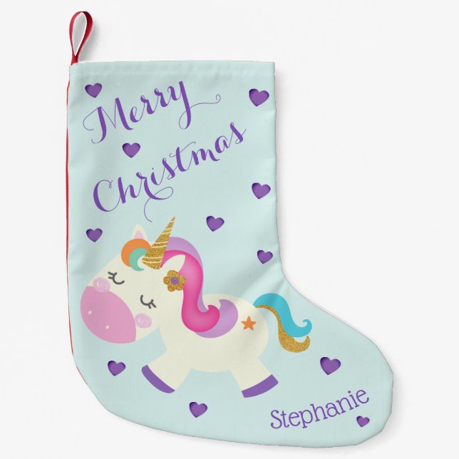 Regnbåge Enhörning Jul Glitter Aqua Liten Julstrumpa (Framsidan)
