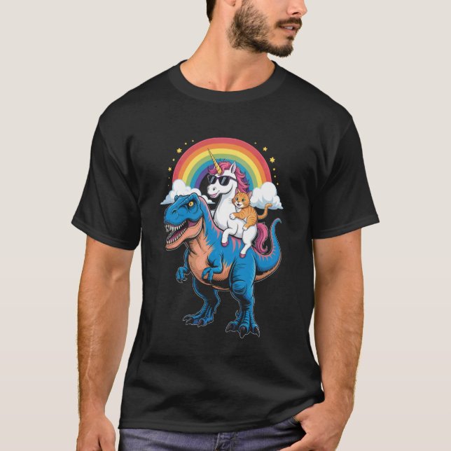 Regnbåge Enhörning Katt Ridande Dinosaurie Rymd Ki T Shirt (Framsida)