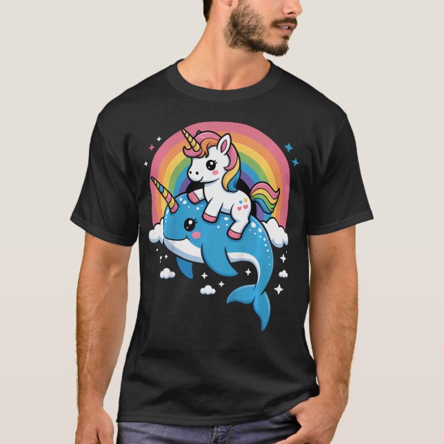 Regnbåge Enhörning Ridande Narval Havs Enhörningar T Shirt (Framsida)