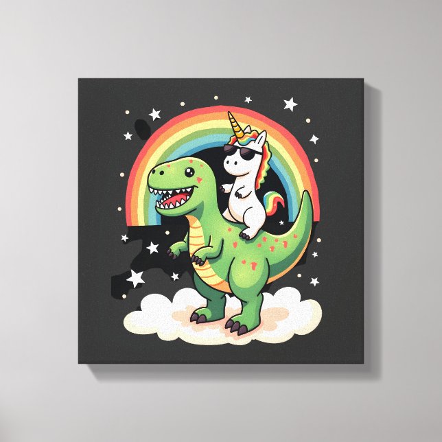 Regnbåge Enhörning Ridande T rex - Dinosaurie Pojk Canvastryck (Framsida)