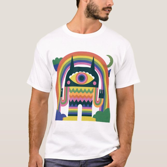 Regnbåge Enögd Monster Folkkonst T Shirt (Framsida)