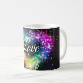 Regnbåge färg sprejfärg som gnidar glitter hjärta kaffemugg