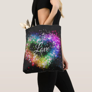 Regnbåge färg sprejfärg som gnidar glitter hjärta tygkasse