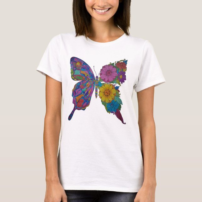 Regnbåge Fjäril Blommig Kvinnors Klassisk T-Shirt (Framsida)