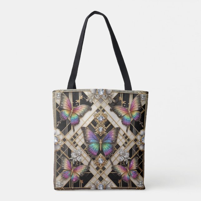 Regnbåge Fjäril Diamanter Lyxig Totebag Tygkasse (Baksida)
