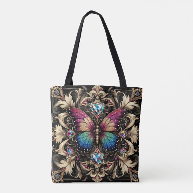 Regnbåge Fjäril Diamanter Lyxig Totebag Tygkasse (Baksida)