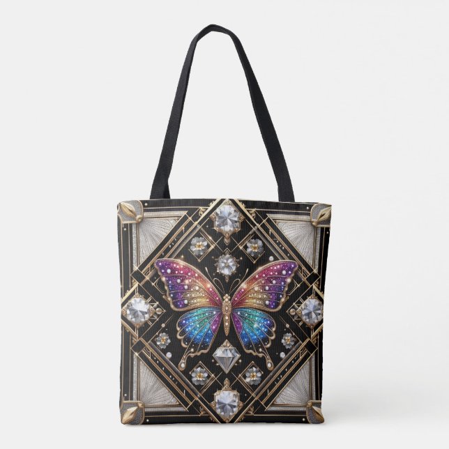 Regnbåge Fjäril Diamanter Lyxig Totebag Tygkasse (Baksida)