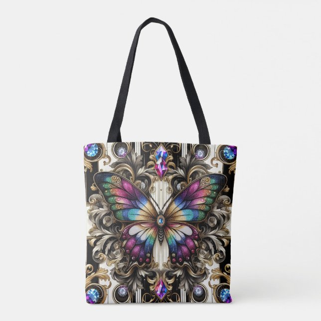 Regnbåge Fjäril Diamanter Lyxig Totebag Tygkasse (Baksida)