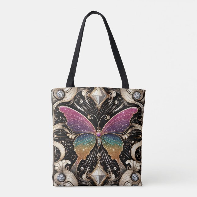Regnbåge Fjäril Diamanter Lyxig Totebag Tygkasse (Baksida)