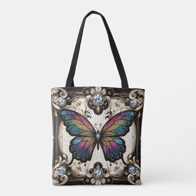 Regnbåge Fjäril Diamanter Lyxig Totebag Tygkasse (Baksida)