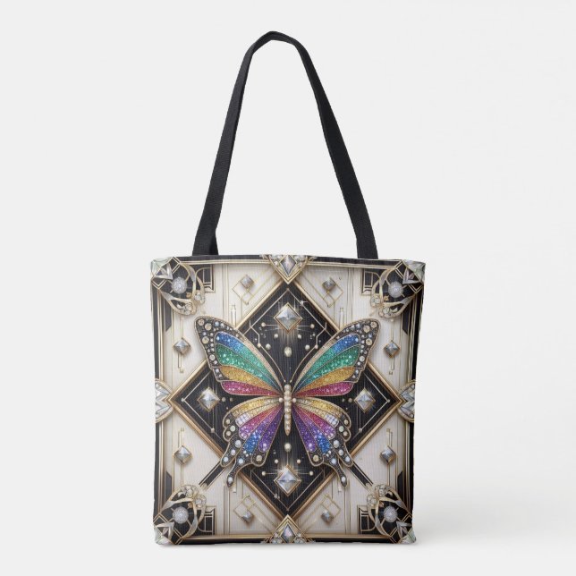 Regnbåge Fjäril Diamanter Lyxig Totebag Tygkasse (Baksida)