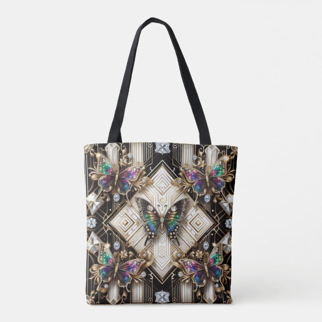 Regnbåge Fjäril Diamanter Lyxig Totebag Tygkasse (Baksida)