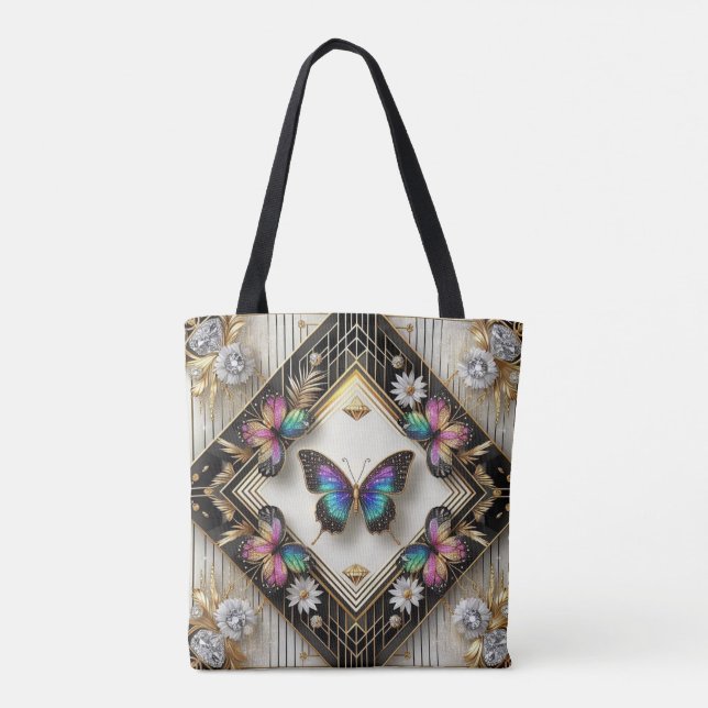 Regnbåge Fjäril Diamanter Lyxig Totebag Tygkasse (Baksida)