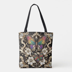 Regnbåge Fjäril Diamanter Lyxig Totebag Tygkasse