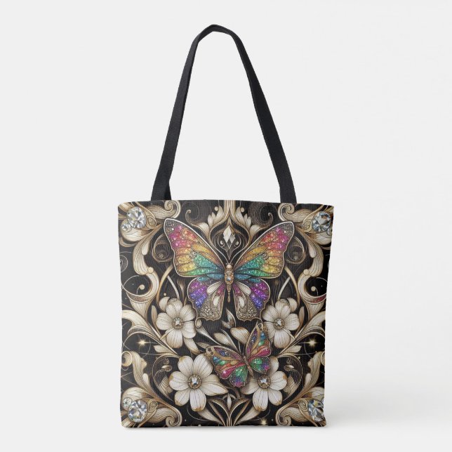 Regnbåge Fjäril Diamanter Lyxig Totebag Tygkasse (Baksida)