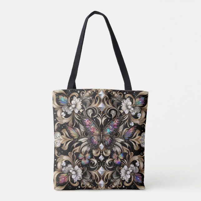 Regnbåge Fjäril Diamanter Lyxig Totebag Tygkasse (Baksida)