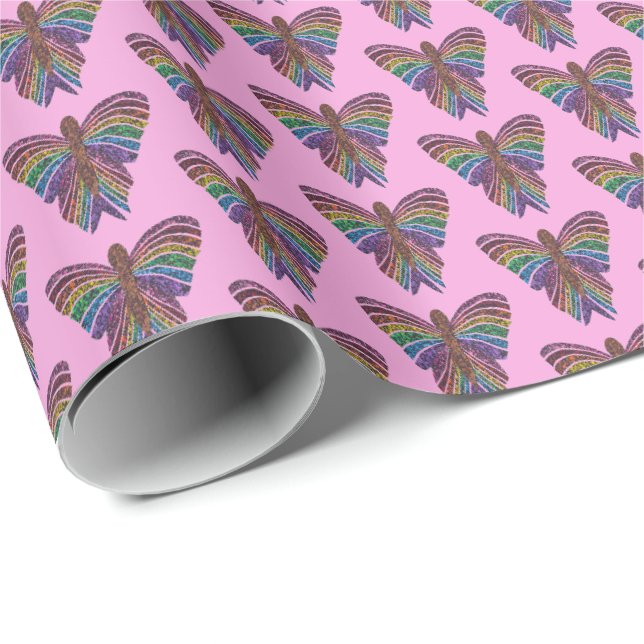 Regnbåge Fjäril (rosa) - Inpackningspapper Presentpapper (Rullad Hörn)
