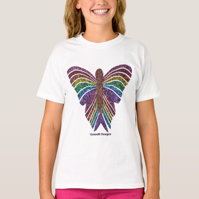 Regnbåge Fjäril (vit) - Flickas Grundläggande T-Sh T Shirt (Framsida)