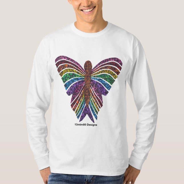 Regnbåge Fjäril (vit) - Herr L Ärm T-Shirt (Framsida)