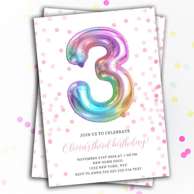 Regnbåge Flickans 3:e födelsedag Party Inbjudningar (Rainbow Ballon 3rd Birthday Girl Invitation Kids Party Invite)