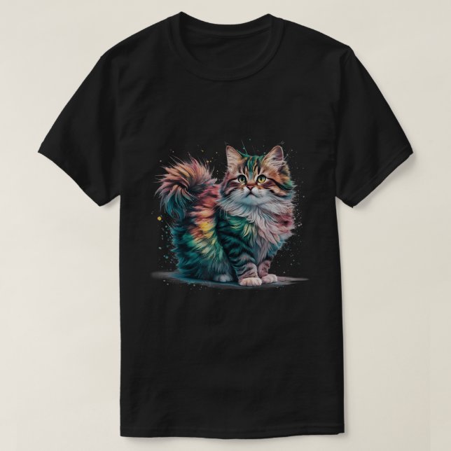 Regnbåge Fluffig Katt Vattenfärgskonsttryck T Shirt (Design framsida)