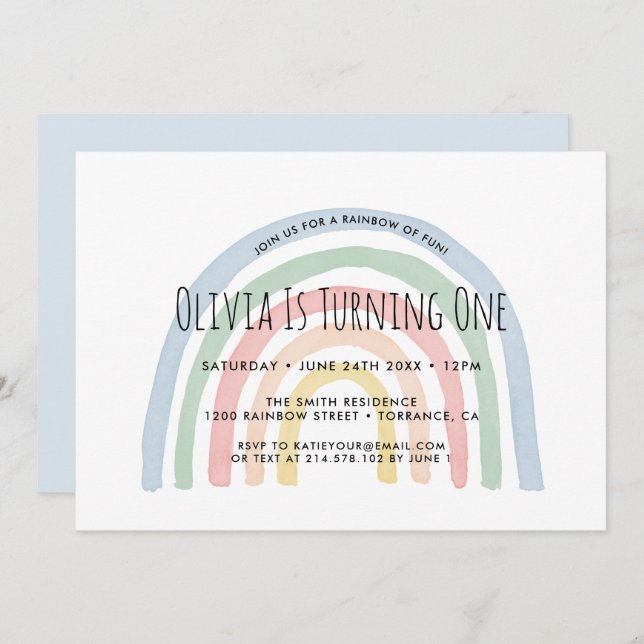 Regnbåge för Roligtens regnbåge första födelsedags Inbjudningar (Fram/baksida)