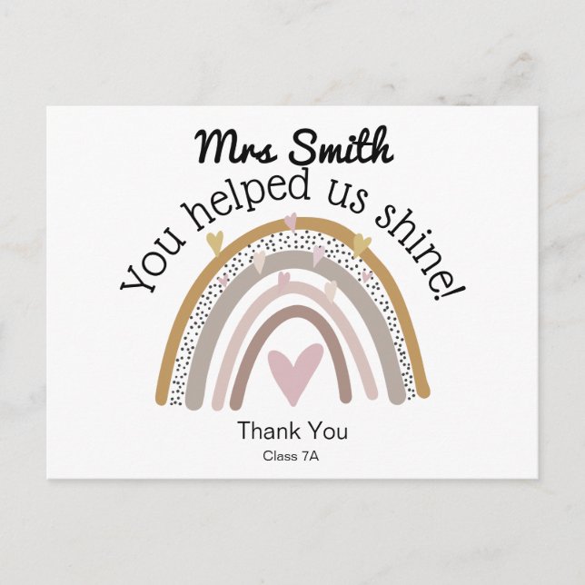 Regnbåge för tack lärare present vykort (Framsida)