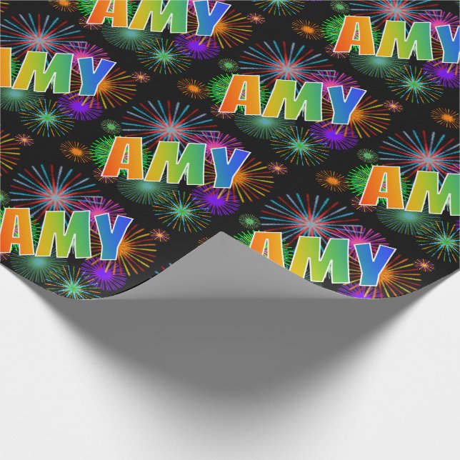 Regnbåge Förnamn "AMY" + Fyrverkerier Presentpapper (Hörn)