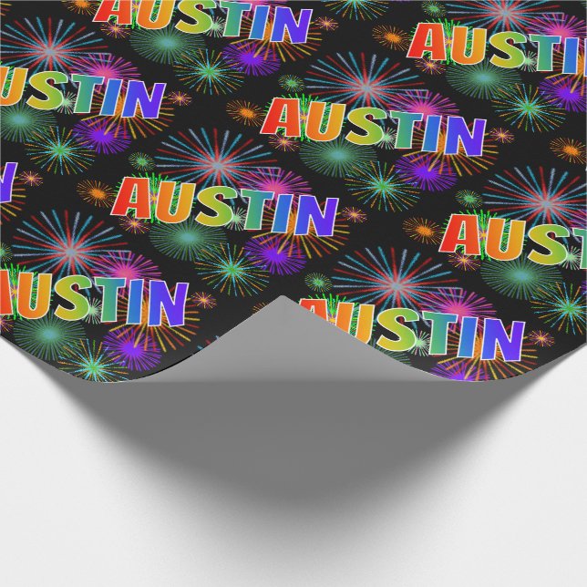 Regnbåge Förnamn "AUSTIN" + Fyrverkerier Presentpapper (Hörn)