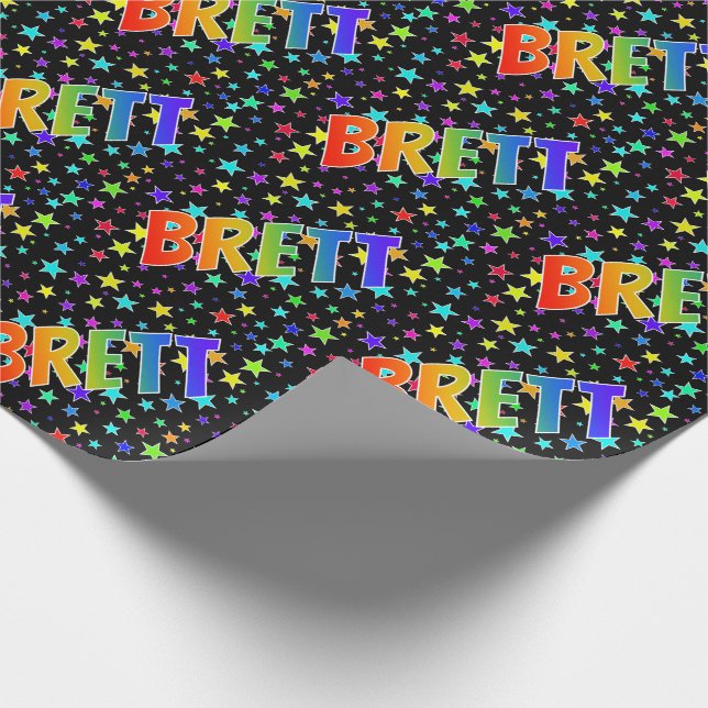Regnbåge Förnamn "BRETT" + Stjärnor Presentpapper (Hörn)