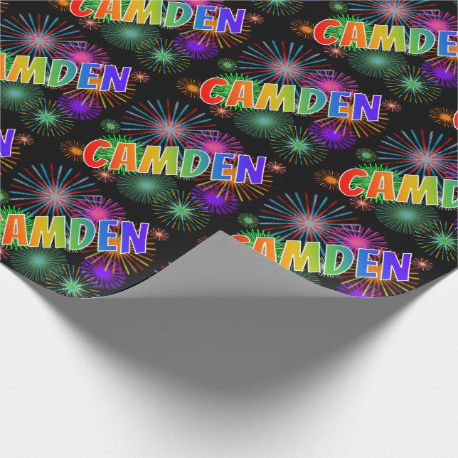 Regnbåge Förnamn "CAMDEN" + Fyrverkerier Presentpapper (Hörn)