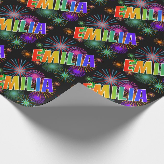 Regnbåge Förnamn "EMILIA" + Fyrverkerier Presentpapper (Hörn)
