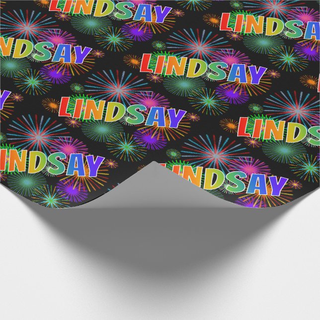 Regnbåge Förnamn "LINDSAY" + Fyrverkerier Presentpapper (Hörn)