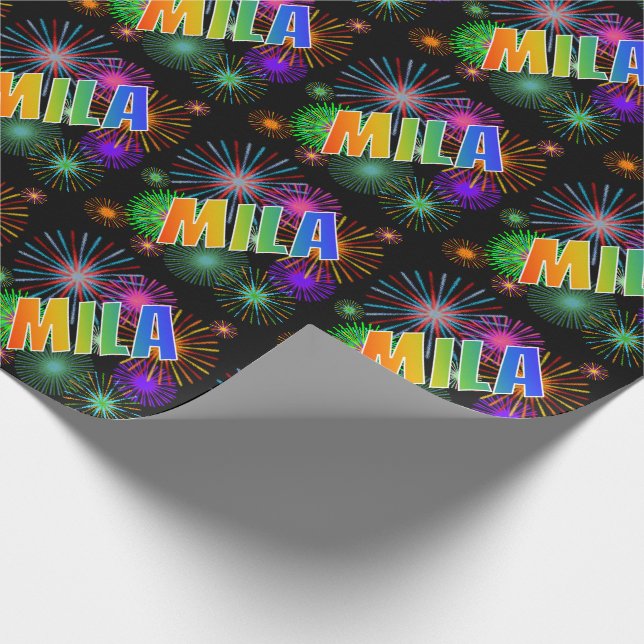 Regnbåge Förnamn "MILA" + Fyrverkerier Presentpapper (Hörn)