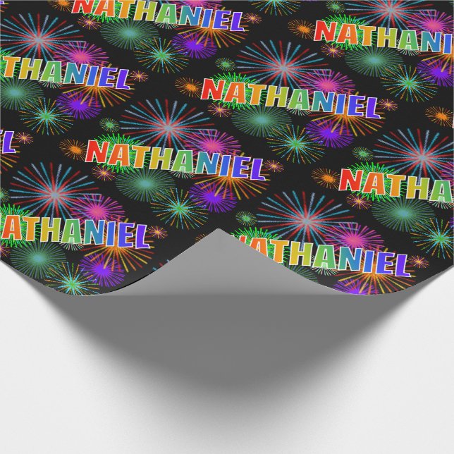 Regnbåge Förnamn "NATHANIEL" + Fyrverkerier Presentpapper (Hörn)