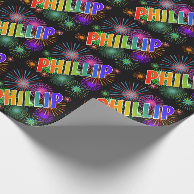 Regnbåge Förnamn "PHILLIP" + Fyrverkerier Presentpapper (Hörn)