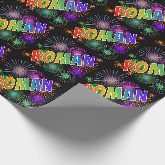 Regnbåge Förnamn "ROMAN" + Fyrverkerier Presentpapper (Hörn)