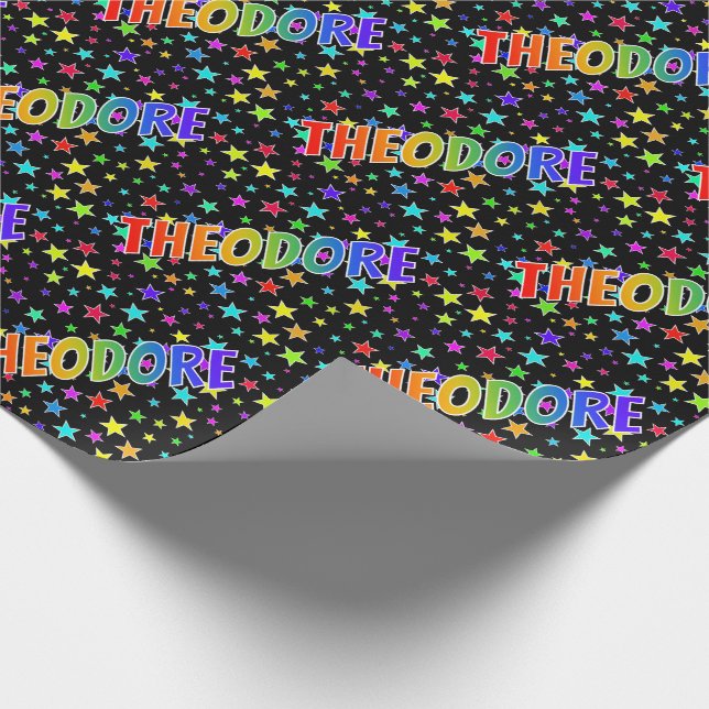 Regnbåge Förnamn "THEODORE" + Stjärnor Presentpapper (Hörn)