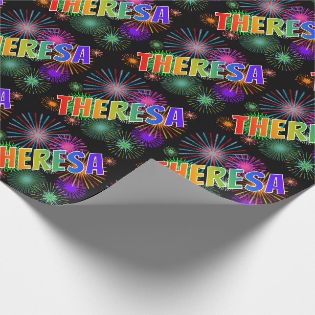 Regnbåge Förnamn "THERESA" + Fyrverkerier Presentpapper (Hörn)