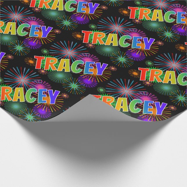 Regnbåge Förnamn "TRACEY" + Fyrverkerier Presentpapper (Hörn)