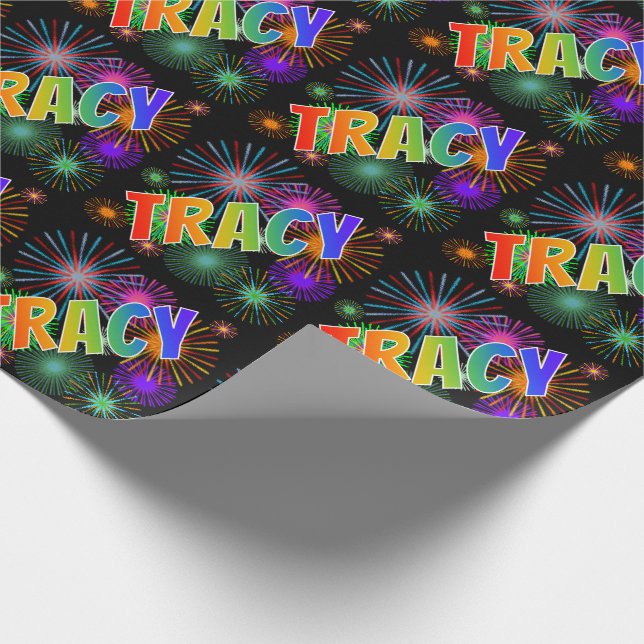 Regnbåge Förnamn "TRACY" + Fyrverkerier Presentpapper (Hörn)