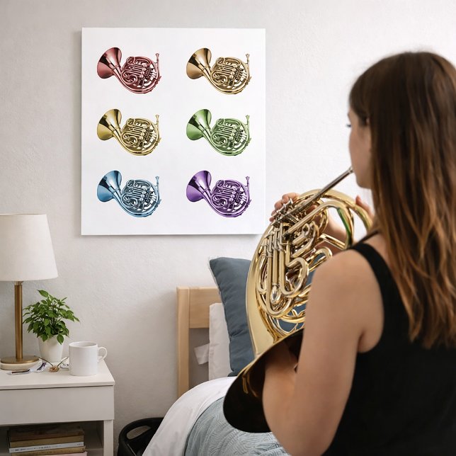 Regnbåge fransk horn mässing instrument konst poster (A poster featuring red, orange, yellow, green, blue and purple french horns.)