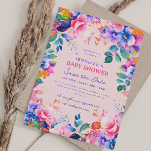 Regnbåge Garden Floral Baby Shower Save Date Blush Inbjudningar