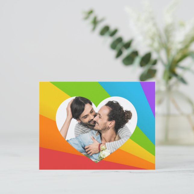 Regnbåge Gay Par Foto i Hjärta Romantisk Kärlek Vykort (Stående Fram)